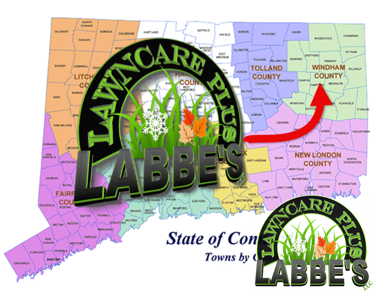 Map of Connecticut counties featuring a large Labbe's Lawncare Plus logo and a red arrow pointing to Windham County, highlighting expert lawn care and maintenance services in Northeast Connecticut.