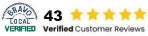 Bravo Local Verified logo next to "43 Verified Customer Reviews" with five yellow stars indicating a high rating.