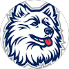 Illustration of a husky dog's head, outlined in blue, with a white fur coat and its tongue sticking out.